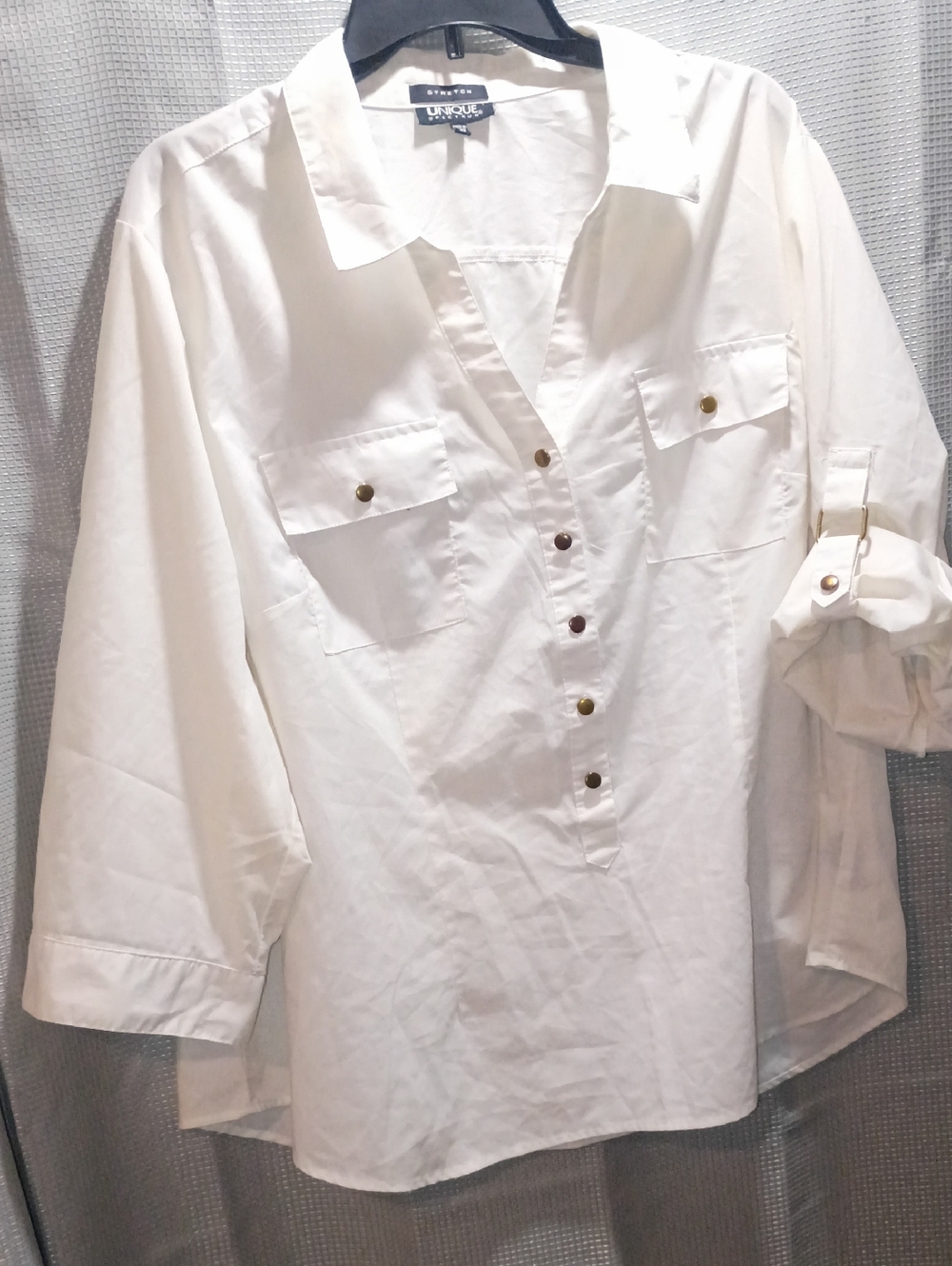 Unique Spectrum White Popover Shirt with Gold-Tone Buttons